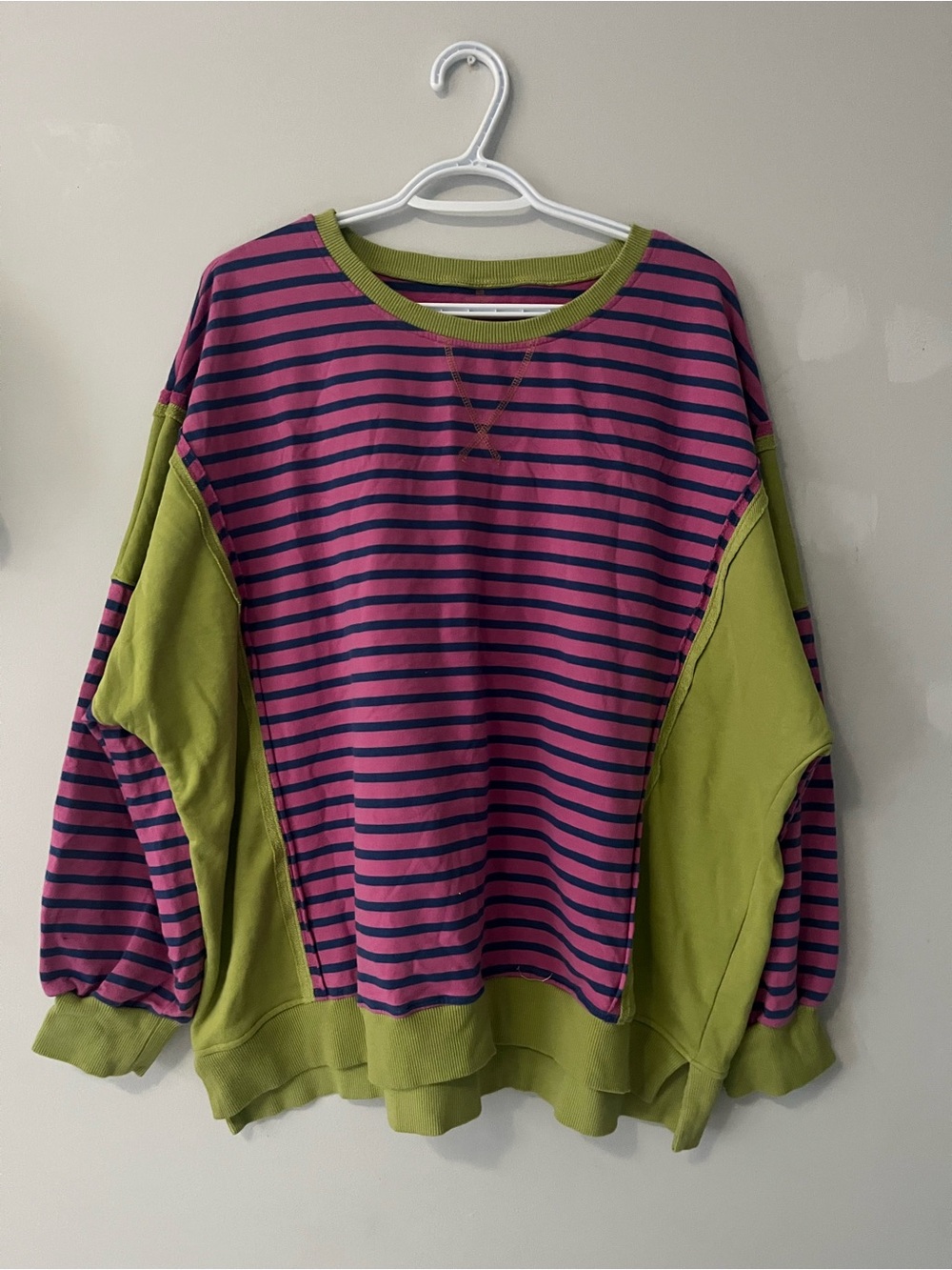 Pink & Navy Striped oversized lounge comfy Sweatshirt with Olive Green Panels